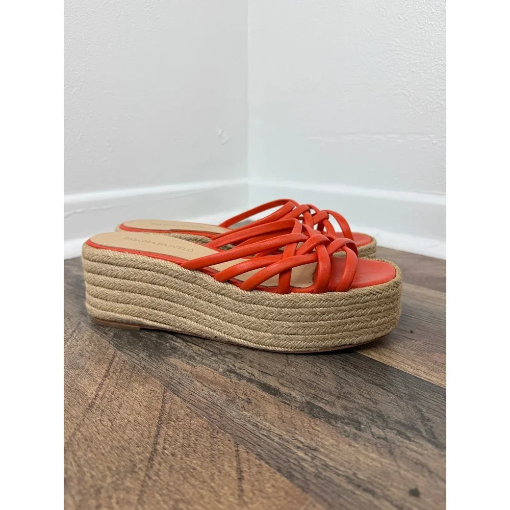 Paloma Barcelo Belinda Wedge Espadrille Platform Sandals Orange Napa Leather 39
